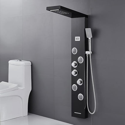 MENATT LED Shower Panels Tower System, SUS304 Stainless Steel Bathroom Shower Panel System with 4 Body Jets, Rainfall, Waterfall, Handheld Shower, Tub Faucet (Black)