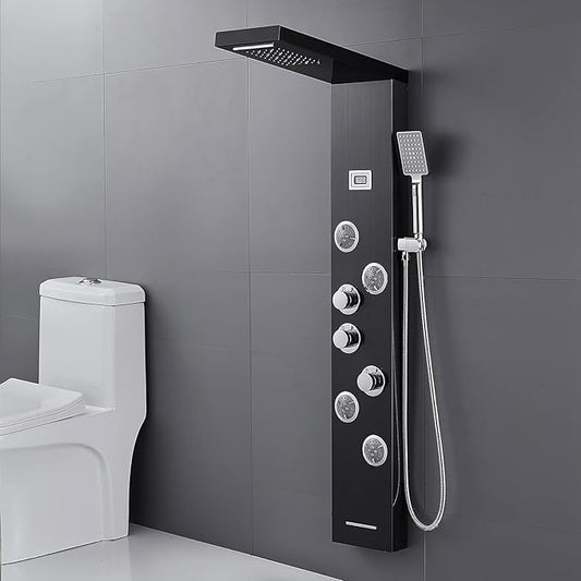 MENATT LED Shower Panels Tower System, SUS304 Stainless Steel Bathroom Shower Panel System with 4 Body Jets, Rainfall, Waterfall, Handheld Shower, Tub Faucet (Black)