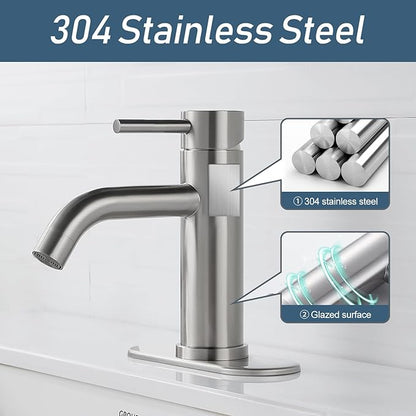Bathroom Faucets One Hole Modern Sink Faucet Brushed Nickel, Single Handle Rv Bathroom Faucet with 3 Hole Deck Plate, Water Supply Lines