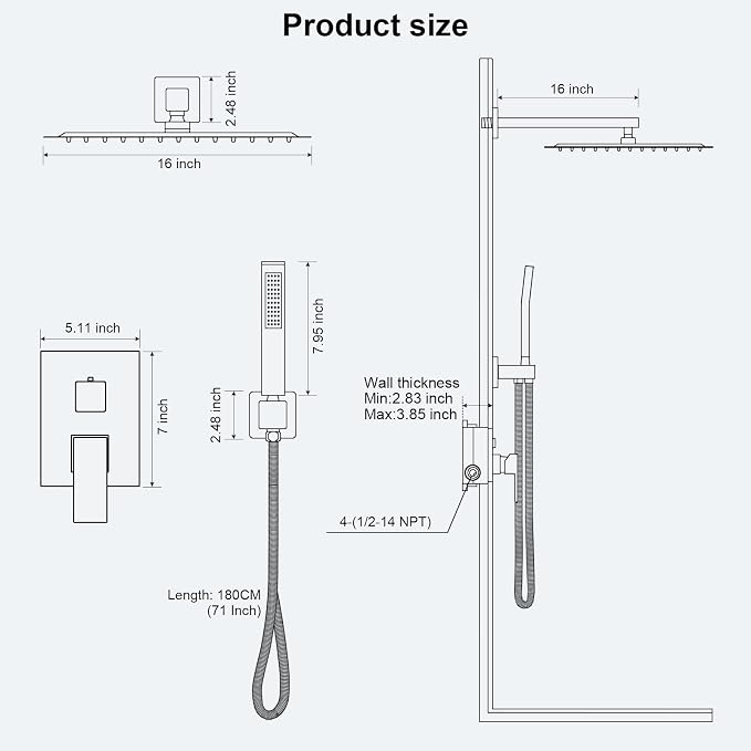 FPXRNG Shower Faucet Set Rainfall Shower System with Square Shower Head and Handle Set Rough-in Valve and Metal Trim Kit Included Matte Black 16 Inch Wall Mounted Shower Fixtures