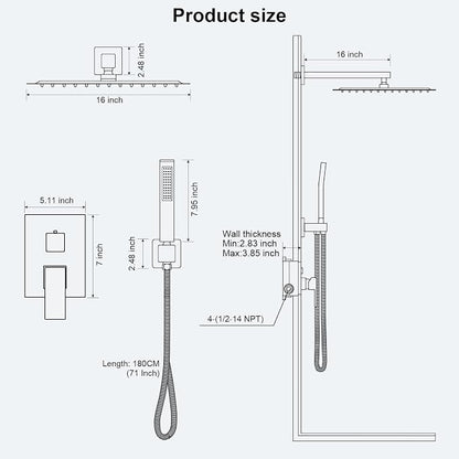 FPXRNG Shower Faucet Set Rainfall Shower System with Square Shower Head and Handle Set Rough-in Valve and Metal Trim Kit Included Matte Black 16 Inch Wall Mounted Shower Fixtures