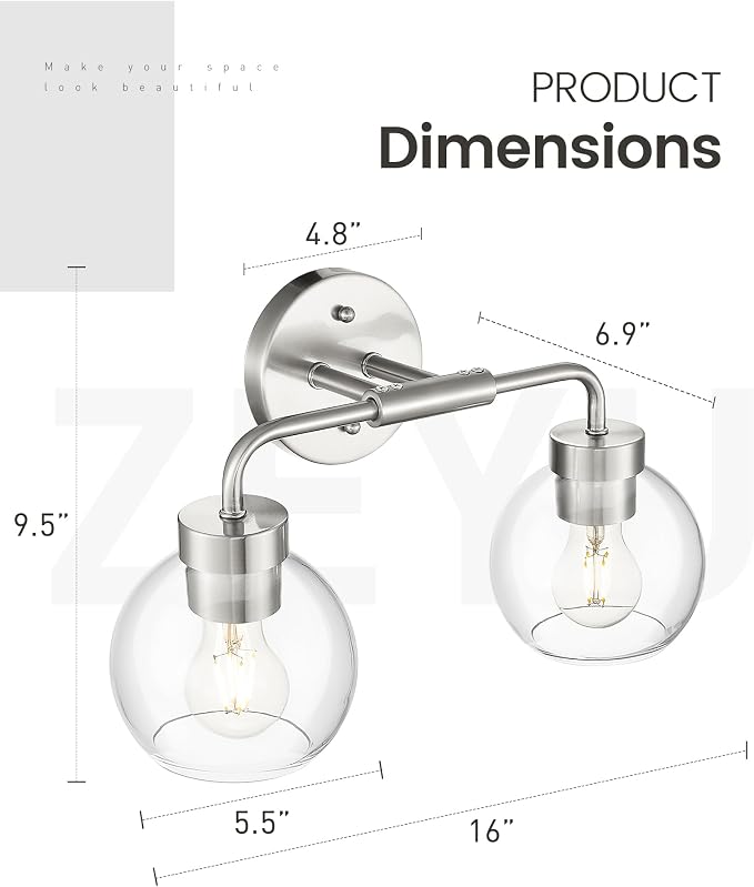 zeyu 2-Light Wall-Mount Vanity Light with Clear Globe Glass, ZS62BG-2W BN | Brushed Nickel Vanity Lighting, Hardwired, 2 E26 Bulbs Up To 60W Each, Clear Globe Glass Shades, For Bathroom Mirror