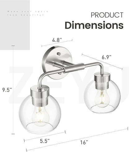 zeyu 2-Light Wall-Mount Vanity Light with Clear Globe Glass, ZS62BG-2W BN | Brushed Nickel Vanity Lighting, Hardwired, 2 E26 Bulbs Up To 60W Each, Clear Globe Glass Shades, For Bathroom Mirror