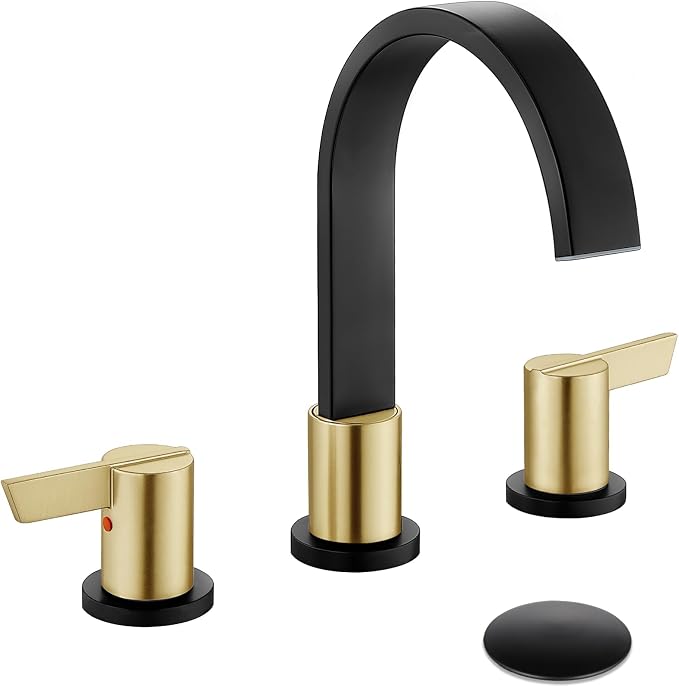 Midanya 8 Inch Widespread Bathroom Sink Faucet 3 Hole,Black and Gold Handle | Waterfall Swivel Spout,2 Handle,SUS304,with Pop Up Drain,cUPC 24" Water Hose,for 6-16” hole distance vanity,RV,Farmhouse Sink