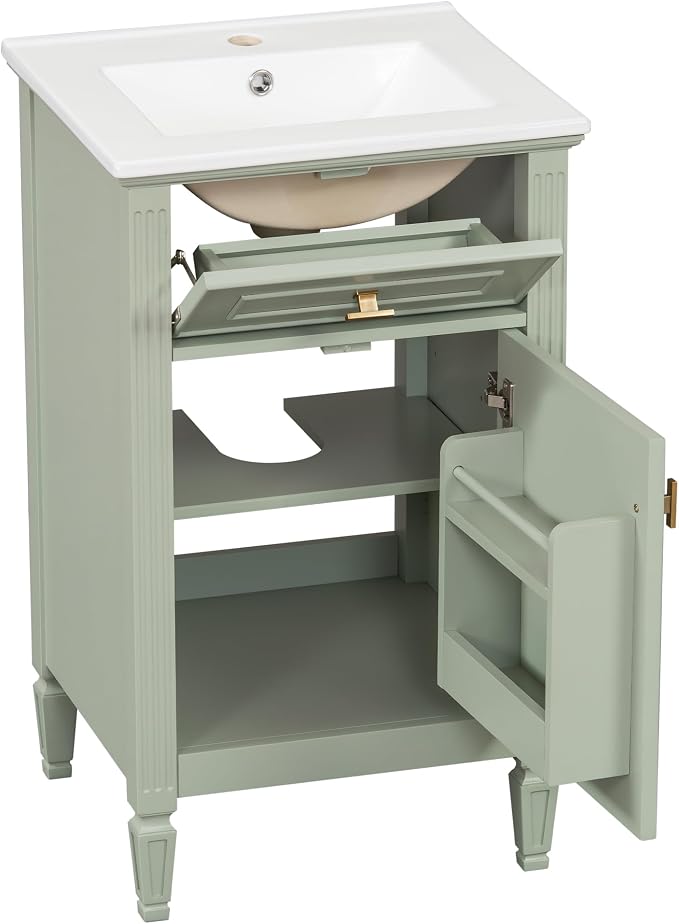 GDFStudio Hawthorne 20" Modern Bathroom Vanity with Sink, Freestanding Bathroom Vanity Organizer with Tilt Out Drawer, Adjustable Shelf and Solid Wood Legs, Single Sink Bathroom Vanity, Green