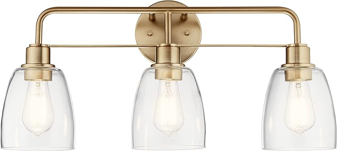 Kichler Meller 24.25 Inch 3 Light Vanity Light with Clear Glass Shades in Champagne Bronze for Bathroom or Powder Room, (24.25" W x 11.25" H x 7" D) 55102CPZ