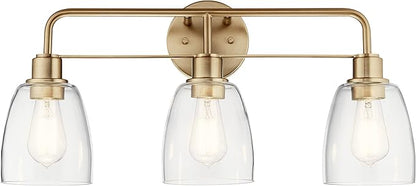 Kichler Meller 24.25 Inch 3 Light Vanity Light with Clear Glass Shades in Champagne Bronze for Bathroom or Powder Room, (24.25" W x 11.25" H x 7" D) 55102CPZ