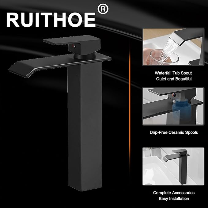 Black Bathroom Vessel Sink Faucet, Waterfall Bathroom Faucet, Vessel Faucet, Tall Body High 1 Hole Single Handle with Pop Up Drain Without Overflow Combo