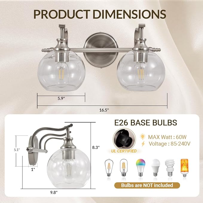 Brushed Nickel Bathroom Light Fixture, 2 Light Bathroom Vanity Light, Farmhouse Silver Wall Sconce, Anti-Rust Wall Lamp with Sturdy Metal Lamp Body for Bedroom, Living Room, Restroom