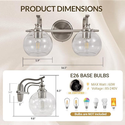 Brushed Nickel Bathroom Light Fixture, 2 Light Bathroom Vanity Light, Farmhouse Silver Wall Sconce, Anti-Rust Wall Lamp with Sturdy Metal Lamp Body for Bedroom, Living Room, Restroom