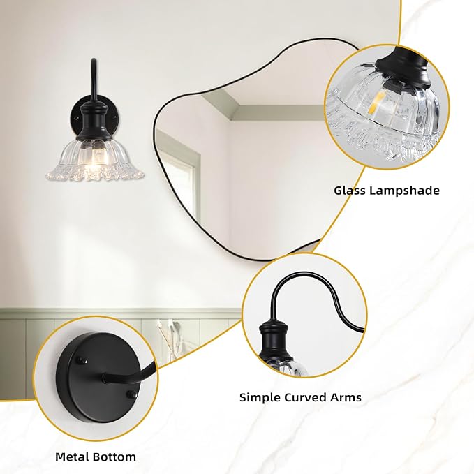 Bathroom Vanity Lights 2 Pack, Black Wall Sconce with Pressed Patterned Glass Lampshade, Farmhouse Wall Light Fixtures for Bathroom, Bedroom, Living Room, Entryway