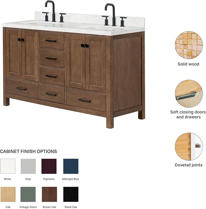 ARIEL Cambridge 60-inch Bathroom Vanity with Sink,Solid Wood, 1.5-inch Carrara White Quartz Countertop, Double Rectangular Porcelain Sink, 4 Soft Closing Doors, 6 Dovetail Drawers, Brown Oak