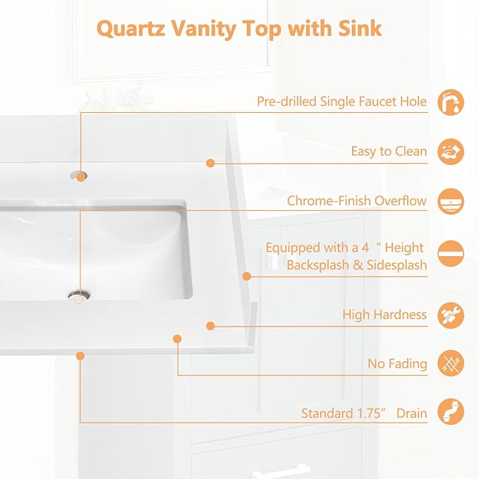 24" x 22" Vanity Top, Quartz Vanity Sink Top in Pure White, with One Sidesplash & One Backsplash, with Undermounted Rectangular Sink,Single Faucet Hole for Vanity Top with Sink