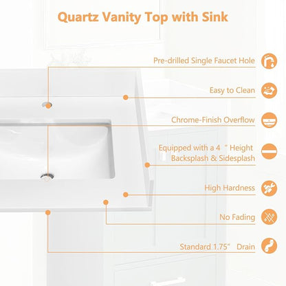 24" x 22" Vanity Top, Quartz Vanity Sink Top in Pure White, with One Sidesplash & One Backsplash, with Undermounted Rectangular Sink,Single Faucet Hole for Vanity Top with Sink