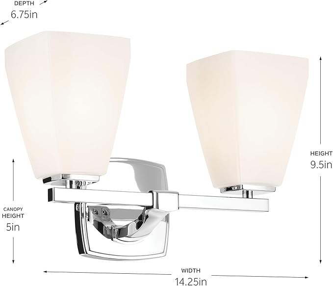 Kichler Marant 14.25" 2-Light Vanity Light with Opal Glass in Chrome, for Bathroom, Powder Room, Over a Mirror, (14.25" W x 9.5" H), 55215CH