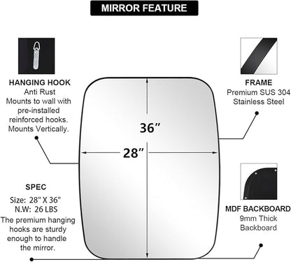 Black Mirror for Bathroom, 28x36 Inch Stainless Steel Metal Frame Oblong Bathroom Mirror for Vanity, 1’’ Deep Wall Mounted Vertically/Horizontal