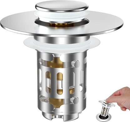 Hibbent Universal Bathroom Sink Drain Strainer, Upgraded 3 in 1 Pop Up Stopper with Removable Stainless Steel Filter Basket, Brass Bullet Core, Hair Catcher Sink Plug for 1.1''~2.36'' Hole, Chrome