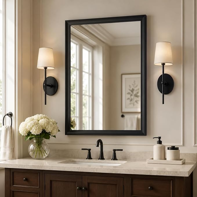 24x36 Inch Matte Black Bathroom Mirrors for Over Sink | Curved Aluminum Frame Rectangular Vanity Mirror, HD Tempered Glass, Rust-Resistant Wall Mirror for Bedroom & Entryway