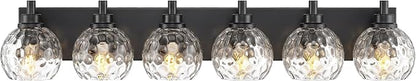 6-Light Black Bathroom Vanity Light, Hammered Glass Globe Shade | 38 Inch matte black modern bathroom light fixture over mirror, UL listed, E26 bulbs, hardwired, upward only, VL200-MB-CL-6