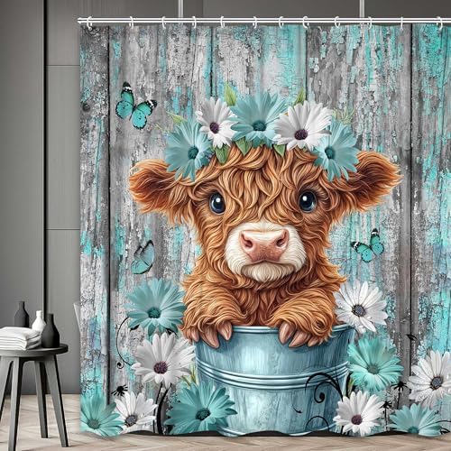 Funny Highland Cow Shower Curtain for Bathroom Decor, Teal Farm Teal Daisy Floral Flowers and Butterfly on Country Wooden Farmhouse Bath Curtain Country Animal Flower Waterproof 12 Hooks 60x72in