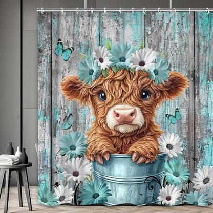 Highland Cow Shower Curtain for Bathroom Decor, Teal Farm Teal Daisy Floral Flowers and Butterfly on Country Wooden Farmhouse Bath Curtain Country Funny Animal Flower Waterproof 12 Hooks 70X70in