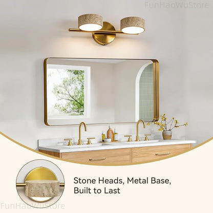 Led Bathroom Lighting Fixtures Over Mirror with 2 Travertine Shades,Vanity Lights Wall Lamp, 180° Rotatable Stone Lampshades Bathroom Lights, Modern Farmhouse Stone Sconces Gold