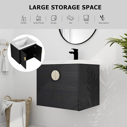 Henf Bathroom Vanity, 24 Inch, Wall Mount, Modern, Black, Ceramic Countertop, Double Doors, Floating, Gold Handle