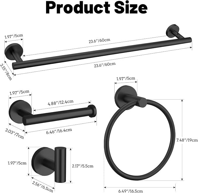 5 Pieces Matte Black Bathroom Hardware Accessories Set SUS304 Stainless Steel Black Towel Bar Holder Set, 23.6Inch Towel Racks for Bathroom, Robe Towel Hooks, Toilet Paper Holder Wall Mounted