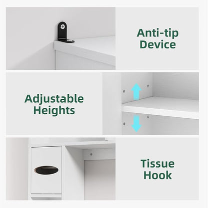 Over The Toilet Storage Cabinet, 65" Tall Bathroom Space Saver with 2 Doors & 2 Adjustable Shelves, Freestanding Organizer Toilet Cabinet for Bathroom, Laundry Room, Modern White Storage Unit