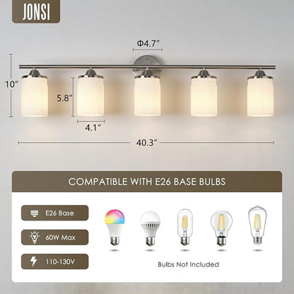 Jonsi Nickel Bathroom Light Fixtures 5-Light Vanity Lights Modern Wall Sconce with Milk White Shade Brushed Nickel Bathroom Light Fixture Over Mirror for Bedroom Hallway Kitchen
