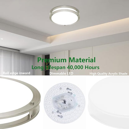 10inch LED Flush Mount Ceiling Light Fixture Dimmable Brushed Nickel, Easy Install LED Ceiling Lamp Fixture Without Flicker, Super Bright 24W 2400LM 5000K 2-Pack