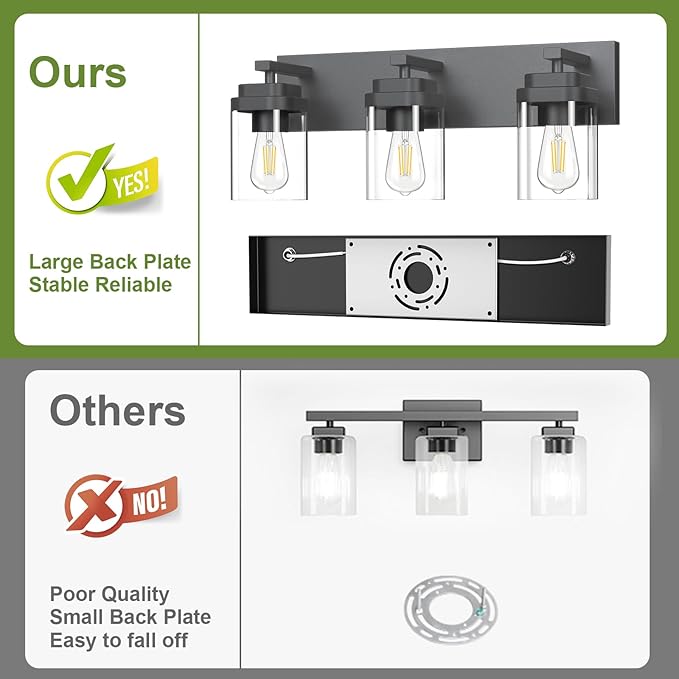 Black Bathroom Light Fixtures, 3 Lights Bathroom Lighting Fixtures Over Mirror, Square Design & Rectangle Large Backplate, Modern Vanity Lighting Fixtures, for Bathroom/Living Room/Bedroom