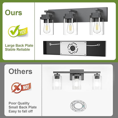 Black Bathroom Light Fixtures, 3 Lights Bathroom Lighting Fixtures Over Mirror, Square Design & Rectangle Large Backplate, Modern Vanity Lighting Fixtures, for Bathroom/Living Room/Bedroom