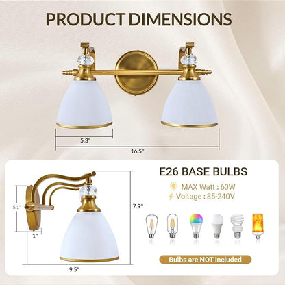 Gold Vanity Light, 2-Light Brushed Gold Bathroom Light Fixtures, Vintage Bathroom Light with Milky White Bell Glass Shades, Eye-Friendly Wall Sconce for Mirror, Kitchen, Bedroom, Hallway