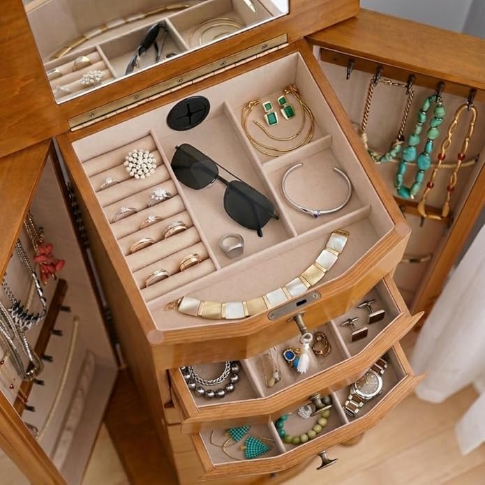 Hives and Honey Florence Jewelry Armoire – Jewelry Storage Organizer with 8 Felt-Lined Drawers, Vanity Mirror, Ring Rolls, Tangle-Free Necklace Hooks, Locking Lid