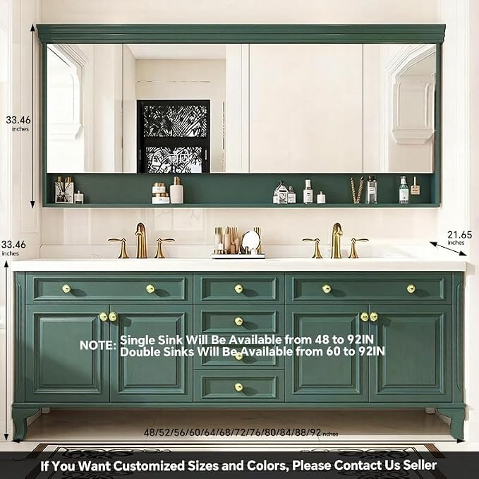 48-92IN Single/Double Sink Bathroom Vanity, Defogging Smart Mirror, Modern American Free Standing Vanity with Bathroom Cabinet