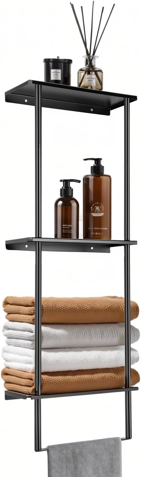 Bathroom Towel Rack, Towel Storage for Bathroom, 3 Tier Towel Rack with Shelf and Towel Bar, Towels Storage and Organizer - Matte Black