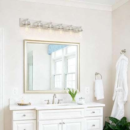 IZORRO Bathroom Vanity Light Fixture, 6-Light 46 Inch Brushed Nickel Bathroom Light Fixtures Over Mirror, with Clear Glass Shade, Modern Farmhouse Vanity Lights, Rustic Restroom Lighting Fixtures