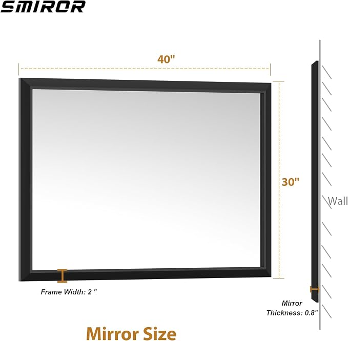 SMIROR 40x30 Matte Black Bathroom Vanity Mirror for Over Sink | Metal Wide Frame, Rectangle, Right- Angle Corner, Anti-Rust, Horizontally or Vertically Wall- Mounted for Home Remodel
