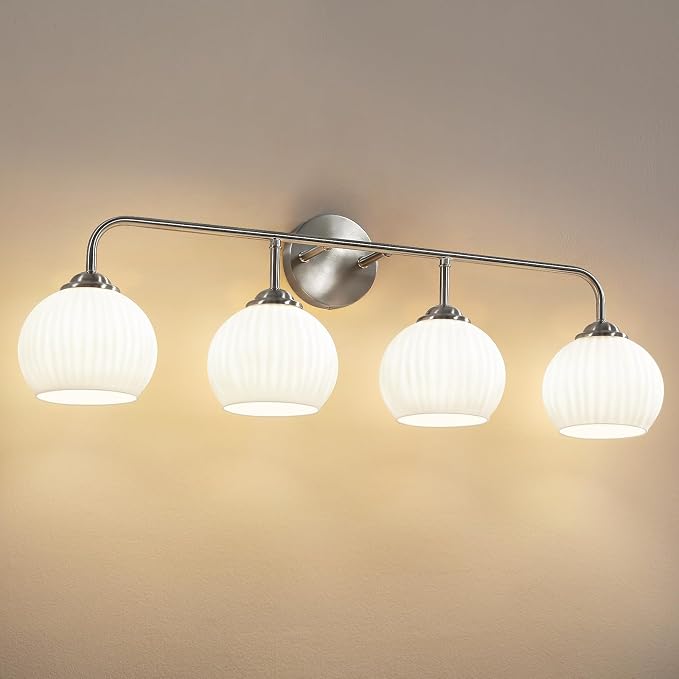 RUIYEY Bathroom Vanity Light Fixtures: 4-Lights Brushed Nickel Vintage Light Fixtures for Bathroom Above Mirror, Mid-Century Modern Wall Lights Indoor with Ribbed Lantern Frosted Milky Glass for Bath
