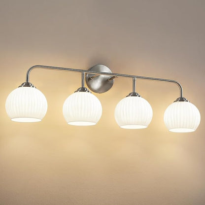 RUIYEY Bathroom Vanity Light Fixtures: 4-Lights Brushed Nickel Vintage Light Fixtures for Bathroom Above Mirror, Mid-Century Modern Wall Lights Indoor with Ribbed Lantern Frosted Milky Glass for Bath