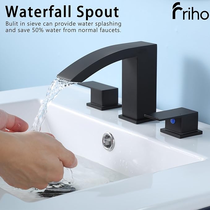 Friho Matte Black Bathroom Faucets 3 Hole, 8 Inch Widespread 2 Handle Square Waterfall Bathroom Sink Faucets with Pop-up Drain and Supply Lines, Vanity Faucet Suitable for Lavatory Restroom RV
