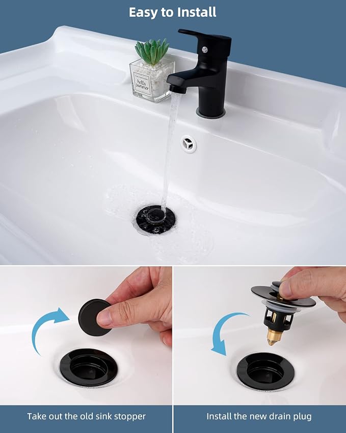 Hibbent 2 Pack All Metal Universal Bathroom Sink Stopper for 1.1''~2.3'' Basin, Pop Up Sink Drain Strainer, Brass Bullet Core Push Type Stopper, Stainless Steel Anti Clogging Drain Filter, Matte Black