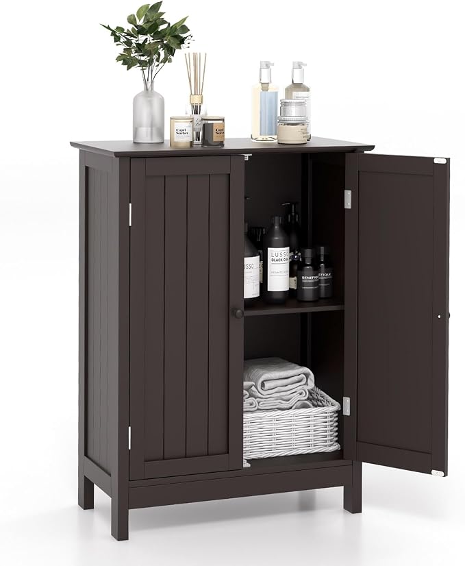 COSTWAY Bathroom Storage Cabinet, Freestanding Bathroom Organizers and Storage with Doors & Adjustable Shelf, Wooden Floor Cabinet for Home, Living Room, Entryway, Kitchen (Brown) | Storage with Doors & Adjustable Shelf, Wooden Floor Cabinet for Home, ...