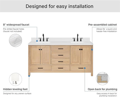 ARIEL Cambridge 72-inch Bathroom Vanity with Sink,Solid Wood, 1.5-inch Carrara White Quartz Countertop, Double Rectangular Porcelain Sink, 4 Soft Closing Doors, 6 Dovetail Drawers, White Oak