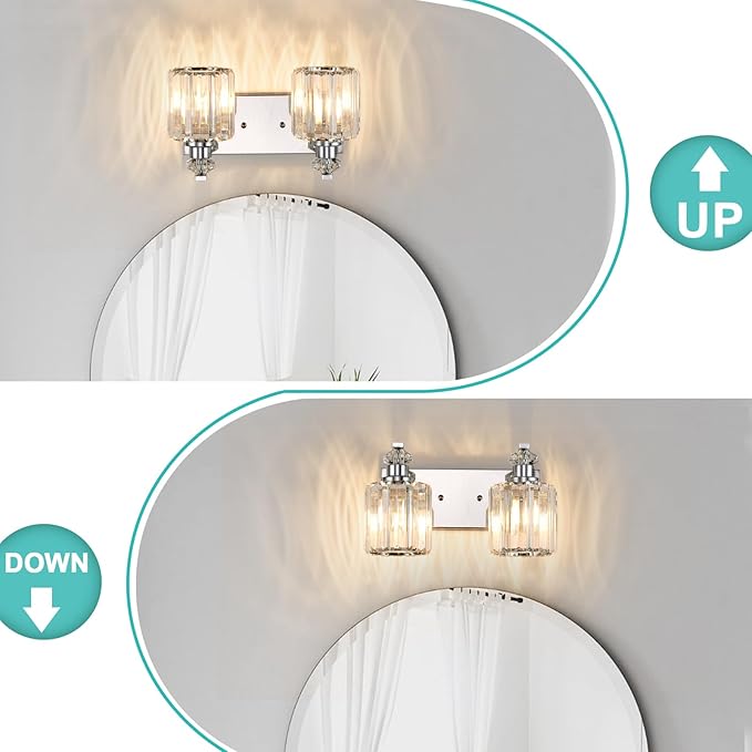 Chrome Bathroom Light Fixtures with K9 Crystal Lampshade Bathroom Lighting Over Mirror Vanity Lights for Living Room,Bedroom,Restroom,Hallway 2 Lights