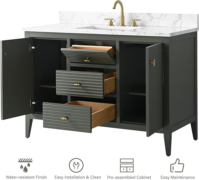 HOMEBEYOND 48" Bathroom Vanity with Sink, Solid Wood Bathroom Vanity Free-Standing Cabinet, Drawers, Ceramic Top & Soft Closing Door, Golden Brushed Handware, Vintage Green