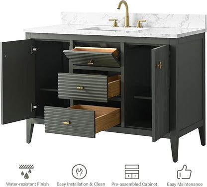 HOMEBEYOND 48" Bathroom Vanity with Sink, Solid Wood Bathroom Vanity Free-Standing Cabinet, Drawers, Ceramic Top & Soft Closing Door, Golden Brushed Handware, Vintage Green