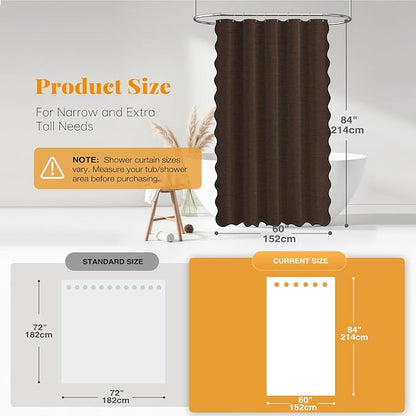 BTTN Boho Scalloped Linen Textured Cloth Shower Curtain Set, 60x84, Brown | Narrow Long Size, 230GSM Waterproof Polyester, Heavy Duty Fabric, 10 Plastic Hooks, Modern Farmhouse Style, Machine Washable