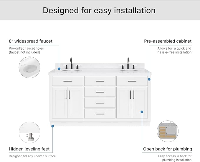 ARIEL Hepburn 66-inch Bathroom Vanity with Sink,Solid Wood, 1.5-inch Carrara White Quartz Countertop & Backsplash, Double Oval Porcelain Sink, 4 Soft Closing Doors, 6 Dovetail Drawers, White